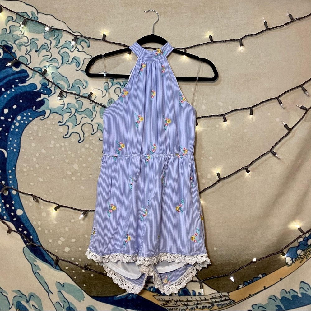 🌊 Blue Rain Floral Embroidered Backless Romper S